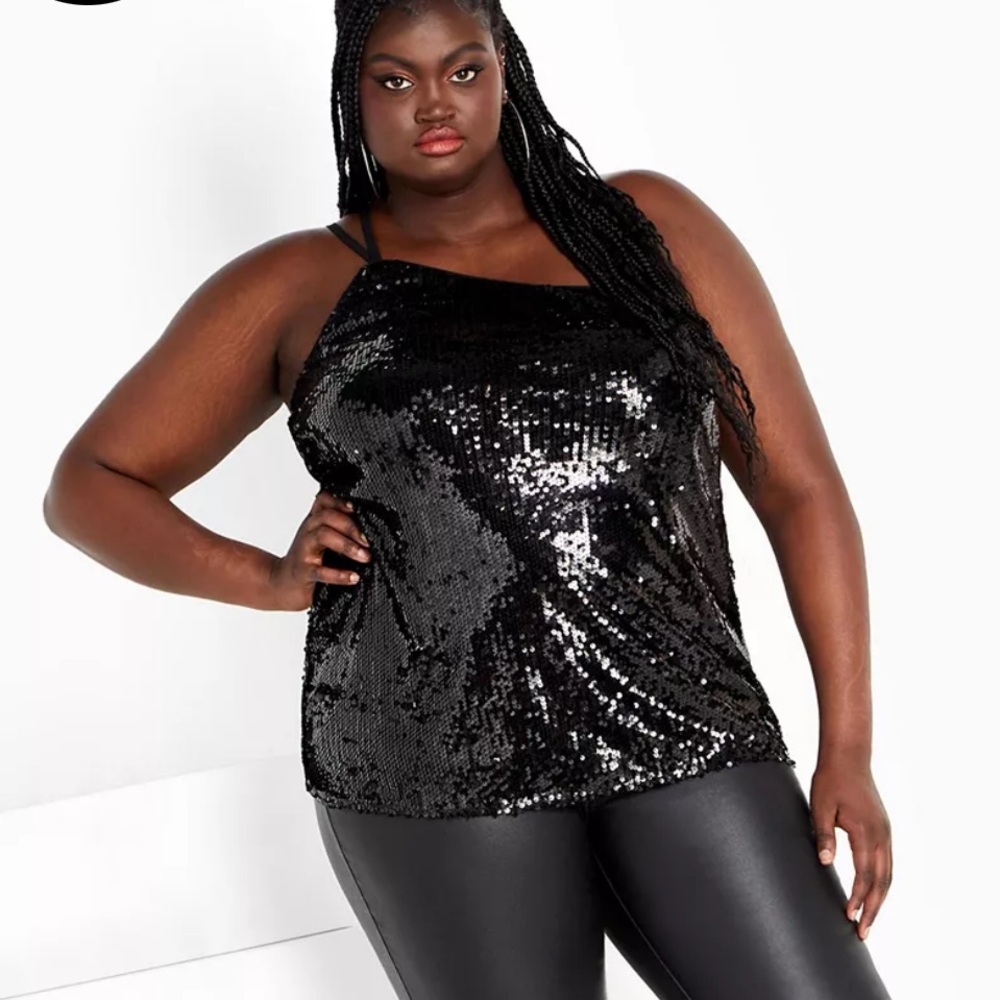 NWT City Chic Ansley Sequin Halter Asymmetrical Black Tank Top XXL / 24